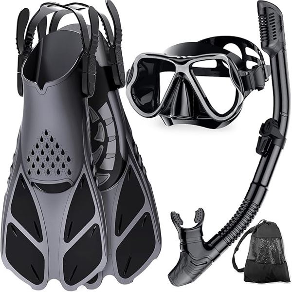 1 Snorkel Set for Adults - Includes 2 Fins, Snorkel Mask, Snorkel Tube & Storage Bag (Black) New!