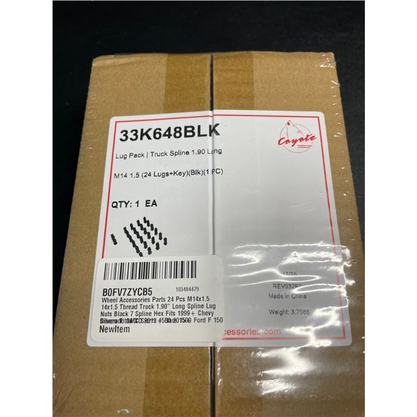 Box of 24PC M14 x 1.5 Thread Truck 1.90" Long Spine Black Lug Nuts with Key - New