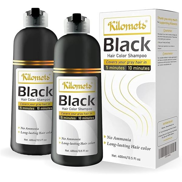 2-Pack of Kilomets Black Hair Color Shampoo (400ml) Covers Greys in Minutes - New Sealed