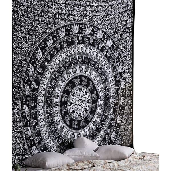 Rajrang (90" x 84") Printed Black Cotton Tapestry/Wall Hanging Mandala Decor Tapestry - New