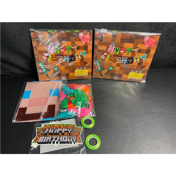 2 Minecraft Themed Birthday Party Supply Sets - Banner, Balloons, Cupcake/Cake Toppers - New
