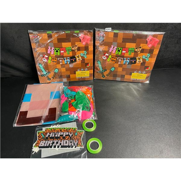 2 Minecraft Themed Birthday Party Supply Sets - Banner, Balloons, Cupcake/Cake Toppers - New