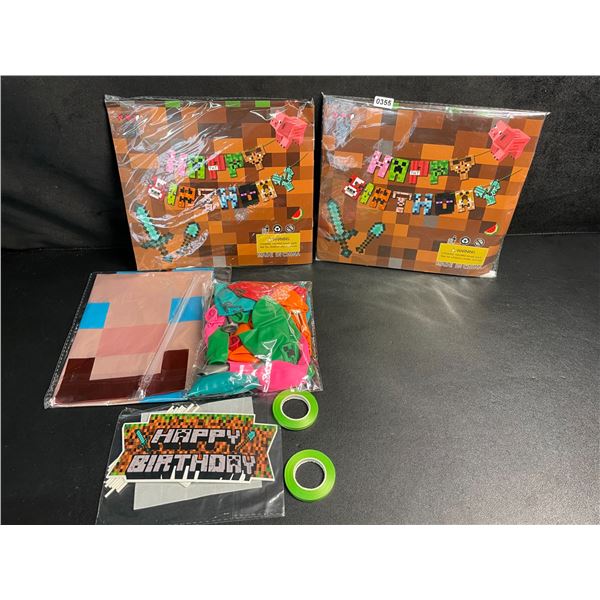 2 Minecraft Themed Birthday Party Supply Sets - Banner, Balloons, Cupcake/Cake Toppers - New