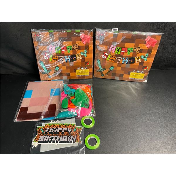 2 Minecraft Themed Birthday Party Supply Sets - Banner, Balloons, Cupcake/Cake Toppers - New