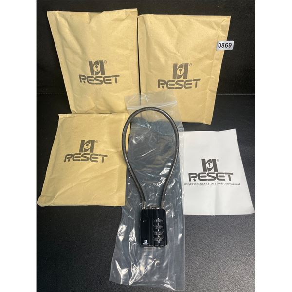 Lot of 3 RESET 4-Digit Combination Padlocks with 12" Cable - Brand New