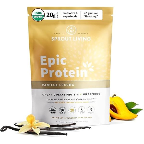 Sprout Living Epic Protein Powder (1lb Bag) Vanilla Lucuma Flavor - Organic Plant Protein - New