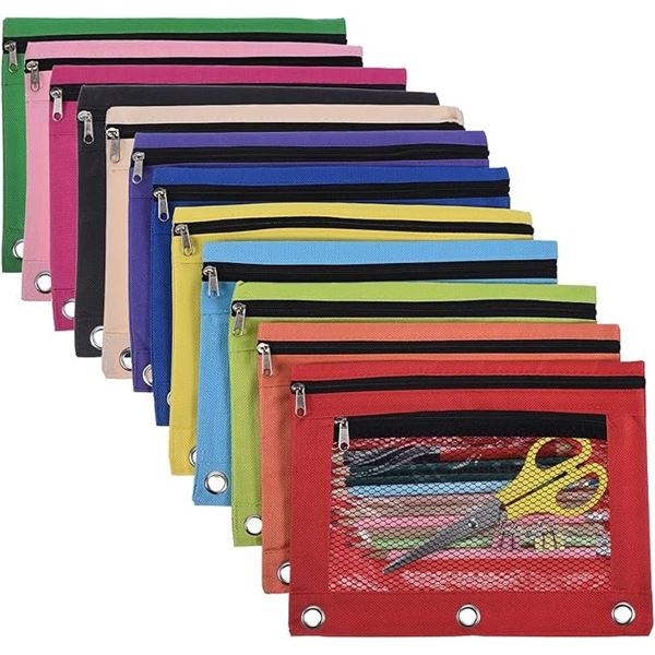 12-Pack of Zippered Pencil Pouches for 3-Ring Binders; Cloth Mesh Zipper Binders Pencil Cases - New