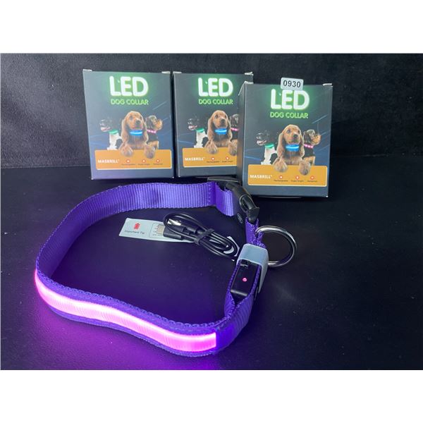 3 Masbrill LED Light-Up Dog Collars - Rechargeable/Rainproof Super-Bright Design (Size M - Purple)