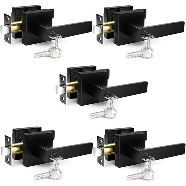 5-Pack Box of Black Lever Door Handles/Door Knobs with Key for Indoors - Matte Black - New