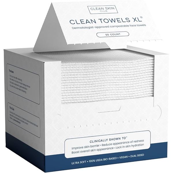 Box of 50PC Clean Towels XL Dermatologist-Approved Compostable Face Towels; Ultra Soft - New