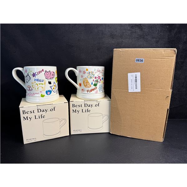 Set of 2 Cute Ceramic Coffee Mugs (12oz) with Doodle/Creative Design - New