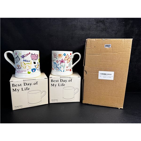 Set of 2 Cute Ceramic Coffee Mugs (12oz) with Doodle/Creative Design - New