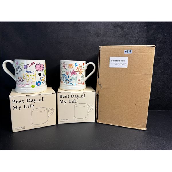 Set of 2 Cute Ceramic Coffee Mugs (12oz) with Doodle/Creative Design - New