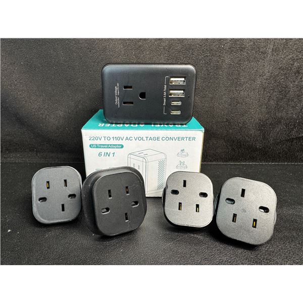 1 Travel Adapter; 6-in-1 220V to 110V AC Voltage Converter w/ USB-C & USB-A Ports - New