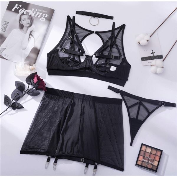 Stella - WHITE sheer bra, panty, thigh length skirt and choker set - one LARGE