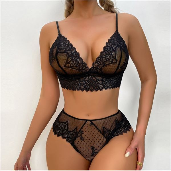 Teresa - BLACK mesh bra and briefs set - one each M, L, XL