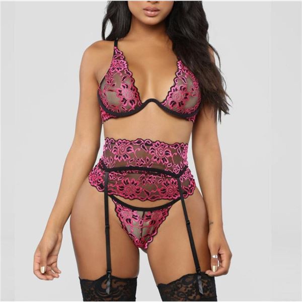 Vienna - BLACK/PINK bra, panty and garter set - one each S, M, XL, XXL