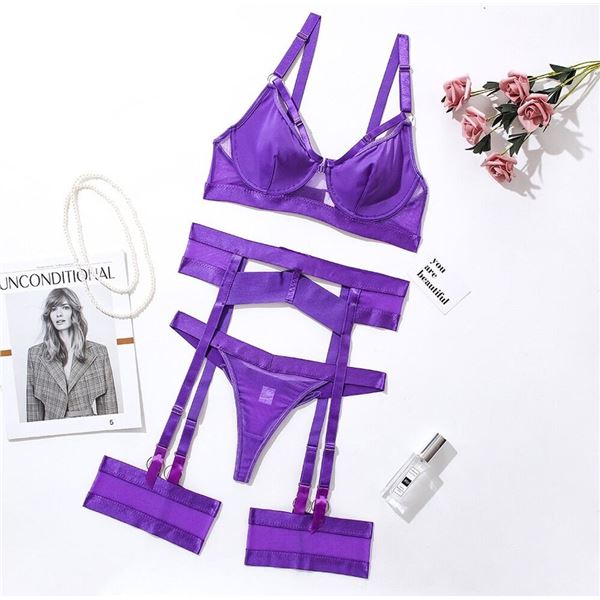 Frankie - PURPLE bra, panty and garter set - one X-LARGE