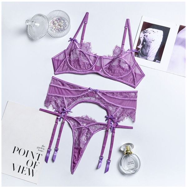 Mackenzie - PURPLE bra, panty and garter set - one MEDIUM