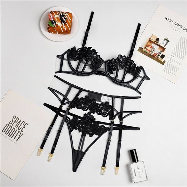 Rebecca - BLACK floral bra, panty and garter set - one each L, XL