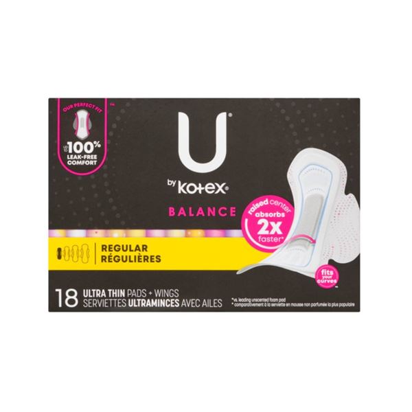 U by Kotex Balance Ultra Thin Pads With Wings, Regular, 18 Count, Pack of 2