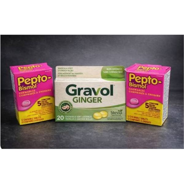 Lot of 2 Pepto-Bismol (12)  Chewables and Gravol Ginger Chewables Tablets (20)
