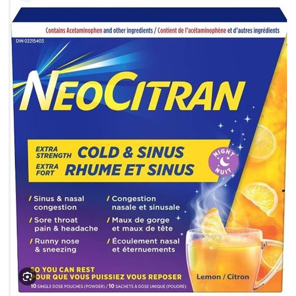 Lot of 2 – NeoCitran Extra Strength Cold & Sinus Night Formula – Lemon 10 Single D