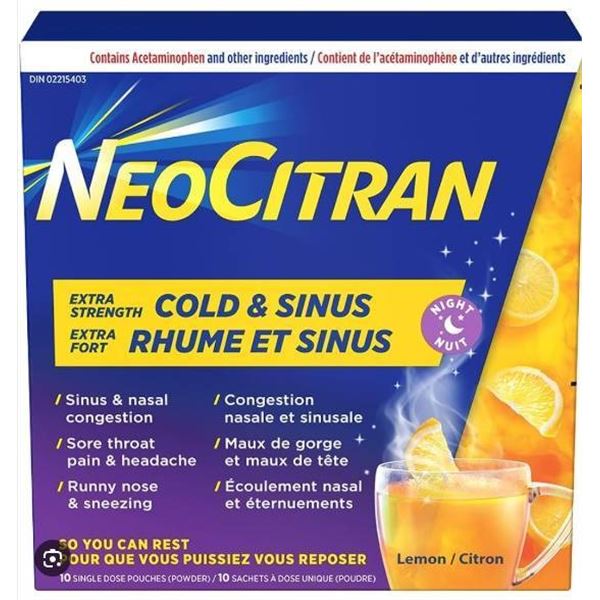 Lot of 2 – NeoCitran Extra Strength Cold & Sinus Night Formula – Lemon 10 Single D