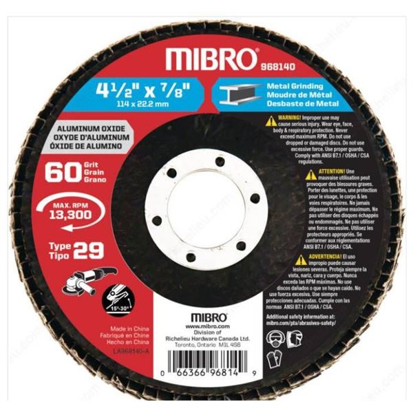 Pack of 3 Mibro  4-1/2″ x 7/8″ Type 29 Flap Discs, 60 Grit