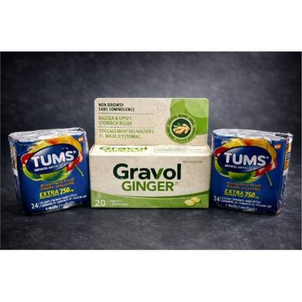 Lot of 2 of TUMS Extra Strength 750 mg and Gravol Ginger Tablets Combo
