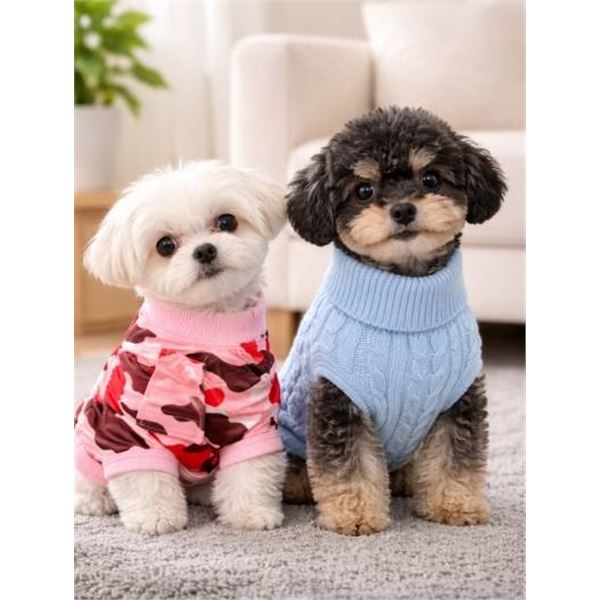 Lot of 2 Two Dog Apparel Items, Including Pink Camouflage Recovery Suit and Light Blue Knit Sweater
