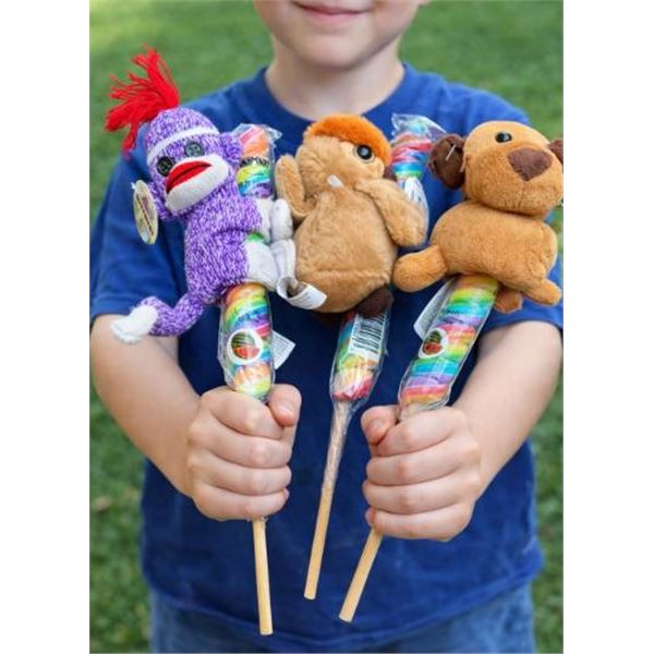 Lot of 3 Plush Animal Toys with Attached Rainbow Candy Lollipop