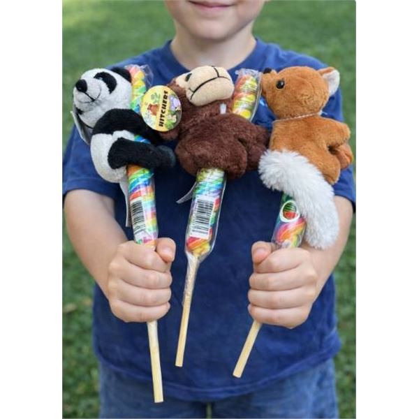 Lot of 3 Plush Animal Toys with Attached Rainbow Candy Lollipop