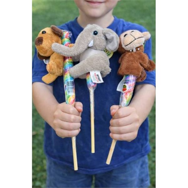 Lot of 3 Plush Animal Toys with Attached Rainbow Candy Lollipop