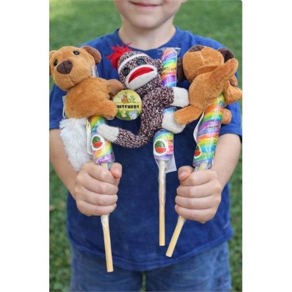 Lot of 3 Plush Animal Toys with Attached Rainbow Candy Lollipop