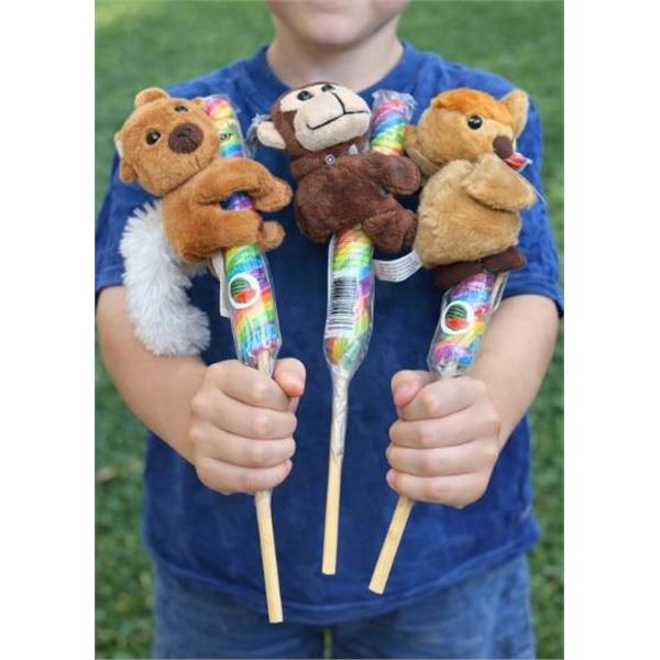 Lot of 3 Plush Animal Toys with Attached Rainbow Candy Lollipop