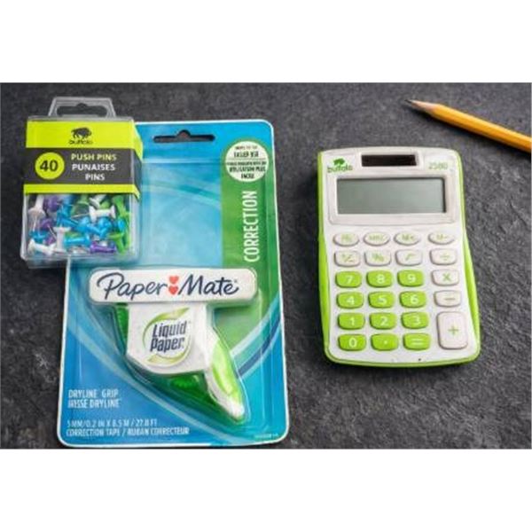 Office Supplies: Calculator, Correction Tape, and Push Pins