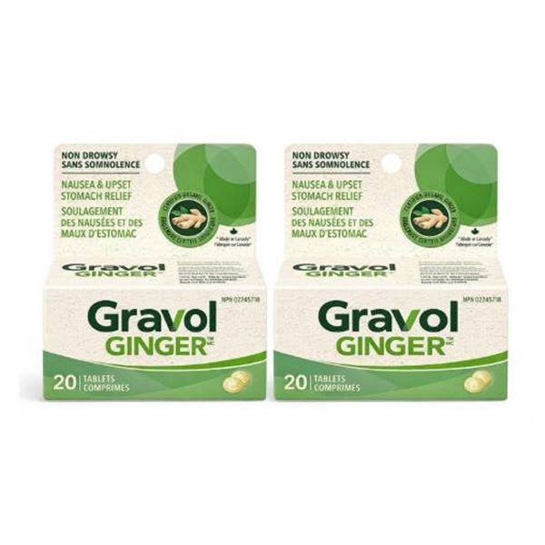 Gravol Ginger 20 Tablets Pack (Lot of 2) With Non-Drowsy Formula