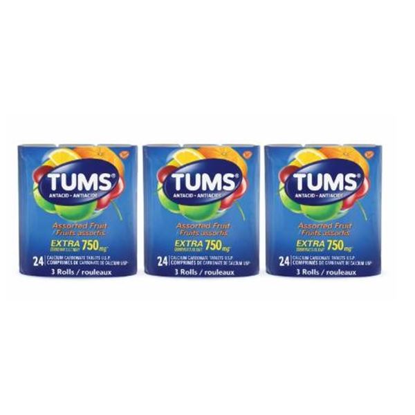 TUMS Assorted Fruit Extra Strength 750 mg Antacid Tablets, 24 Count, 3 Rolls