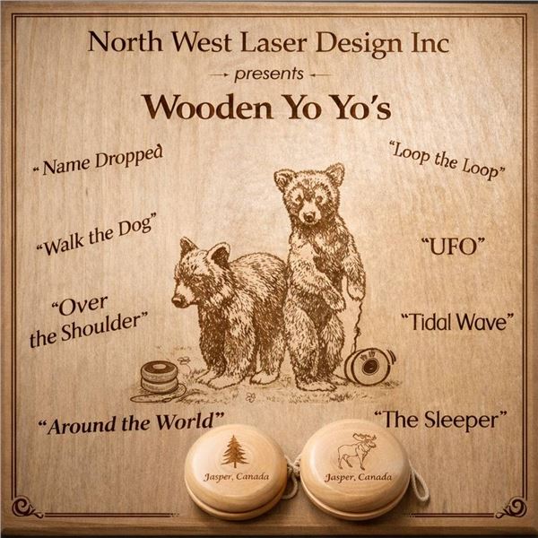 Lot of 2 North West Laser Design Inc Wooden Yo-Yo Set Featuring Jasper Canada Engravings – 