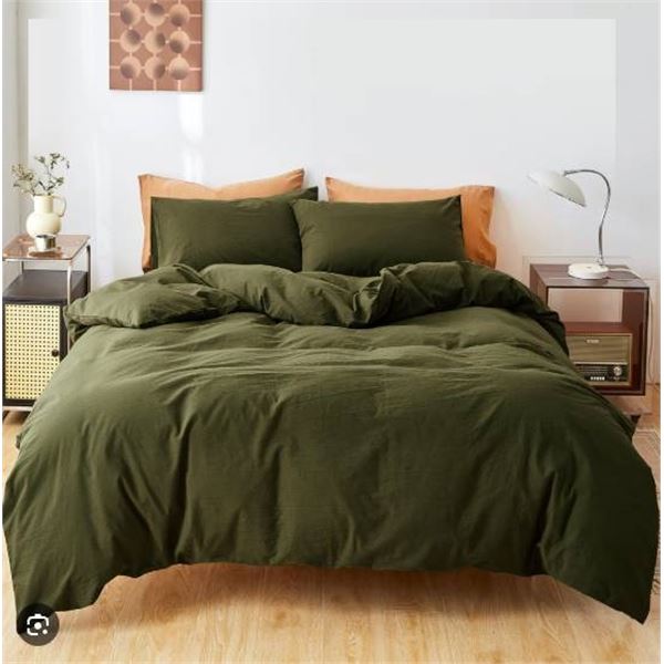 Fansuive Washed Cotton Olive Green Queen Duvet Cover & 2 PILLOW SHAMS