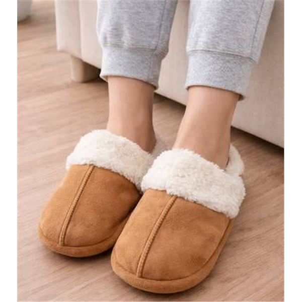 Tan and White Shearling-Lined Slippers