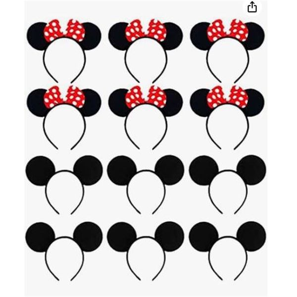 CAVLA 12-Pack Mouse Ear Headbands for Birthday Party – Black with Red Bow