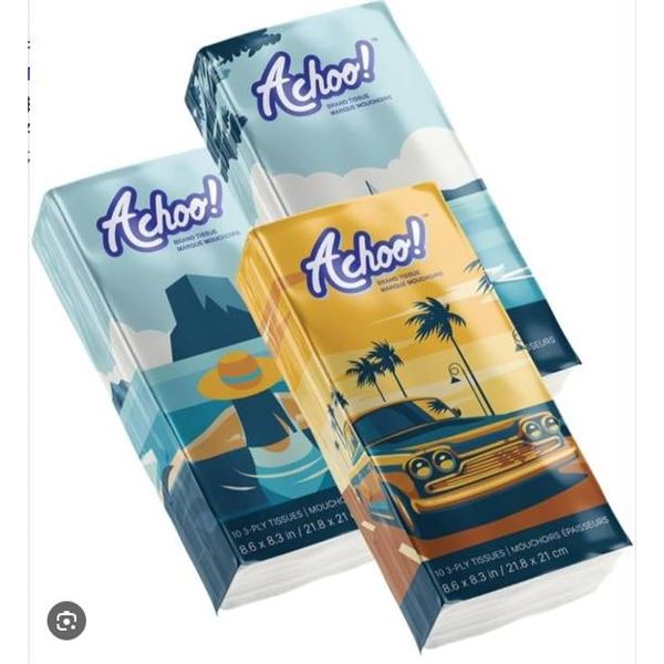 Achoo! 3-Ply Tissues, 10 Packs, 21.5 x 20.5 cm Per Sheet