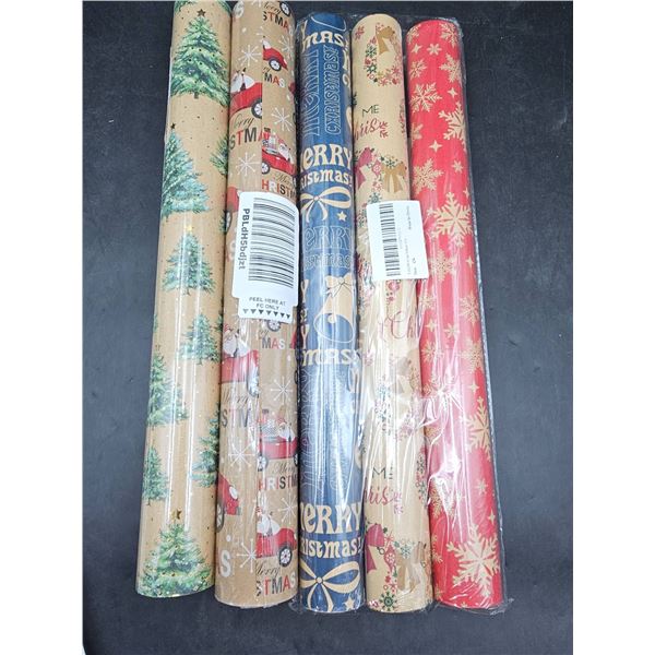 5 Rolls of Holiday-Themed Wrapping Paper in Various Patterns