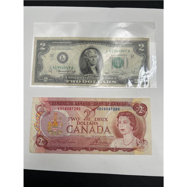 United States 1976 $2 Bill and Canada 1974 $2 Paper Currency Notes