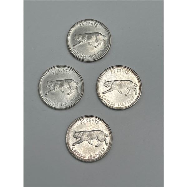 4 -Canadian SILVER 25-Cent Coins (1867-1967 Centennial Design)