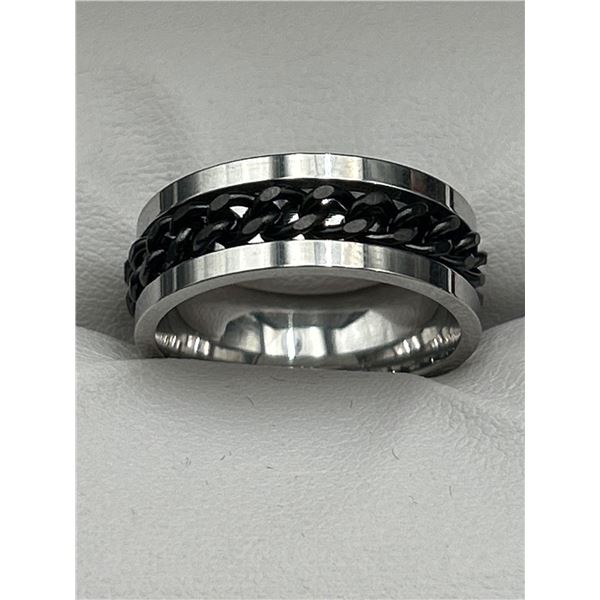Stainless Steel Spinner Ring With Black Chain Inlay SIZE 10