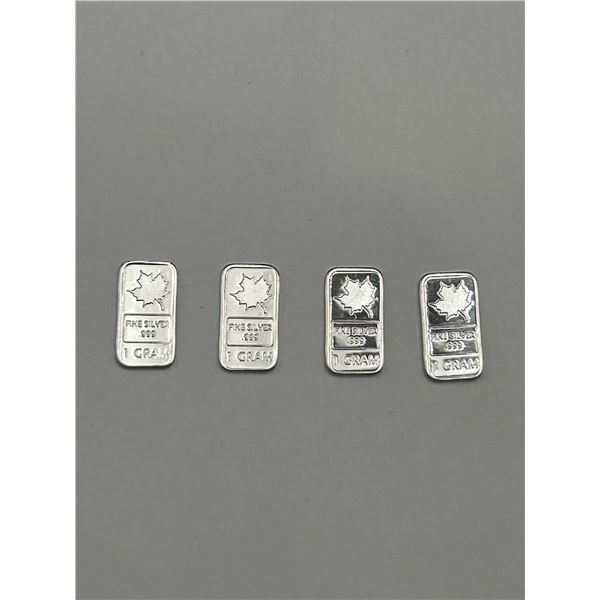 Four 1-Gram .999 Fine Silver Bars with Maple Leaf Design