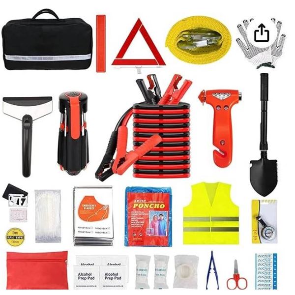 Roadside Emergency Kit with Tools, First Aid, and Tire Repair Kit
